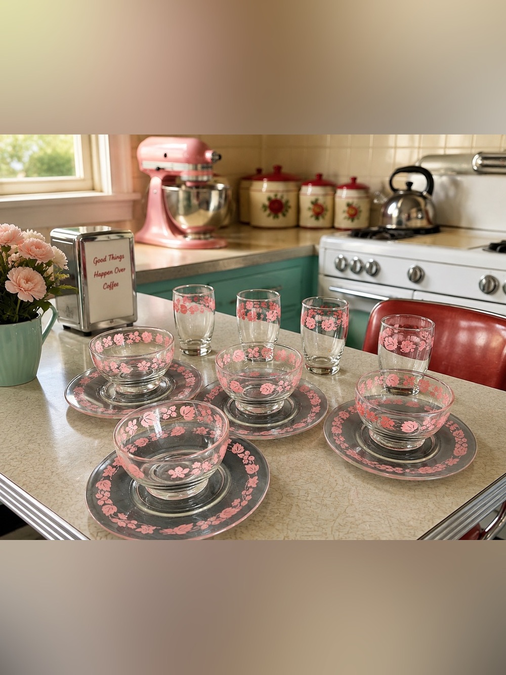 11 Piece Vintage Mid Century Anchor Hocking Glass Pink Gooseberry Dessert Sets
